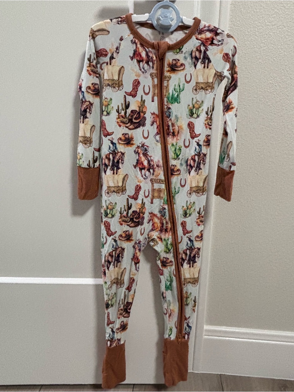 Western Cowboy Print Kids Footless Pajama One-Piece - Brown Trim